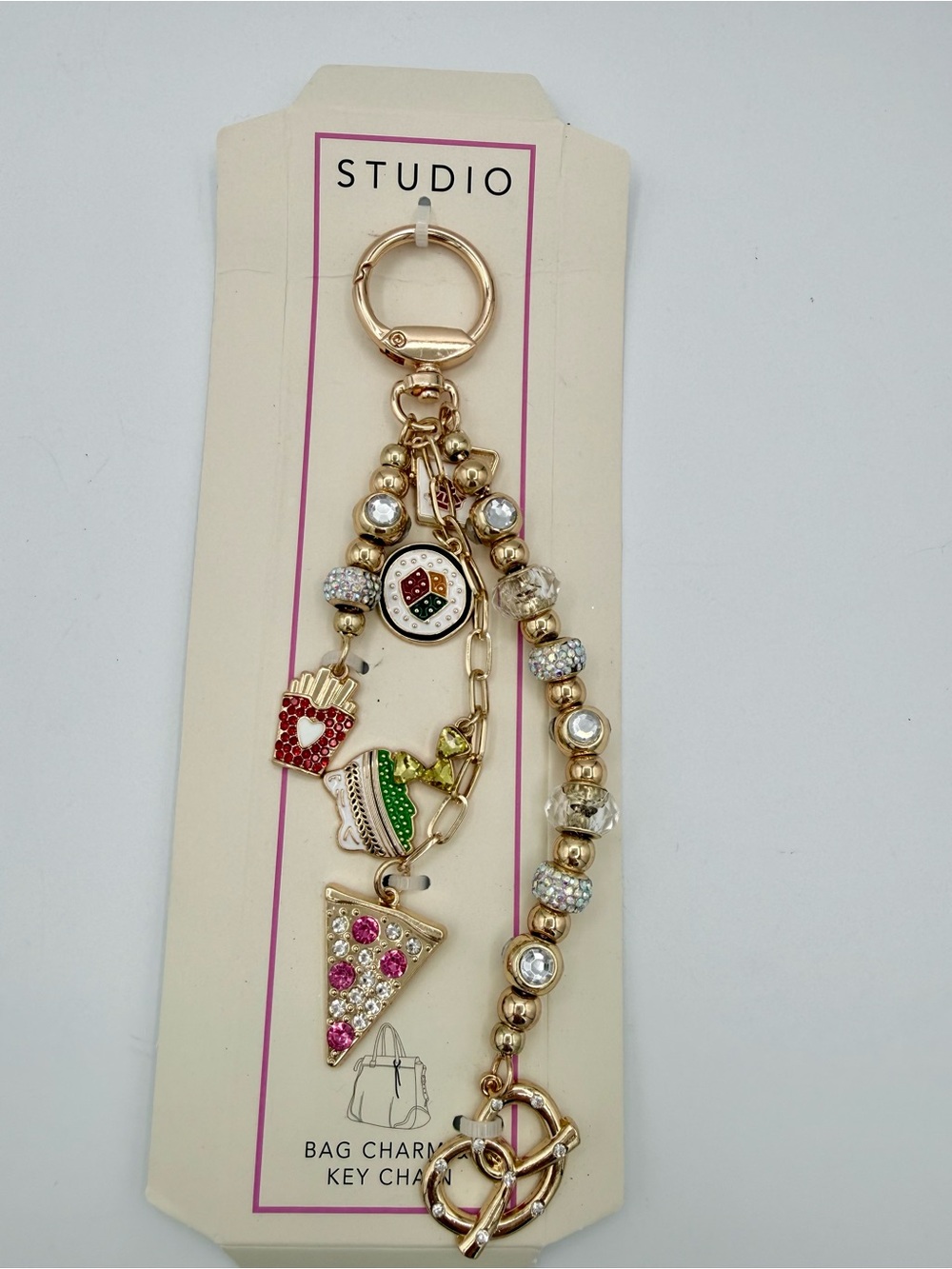 STUDIO Gold-tone Food Charm Keychain with Pink, Green, Red Enamel